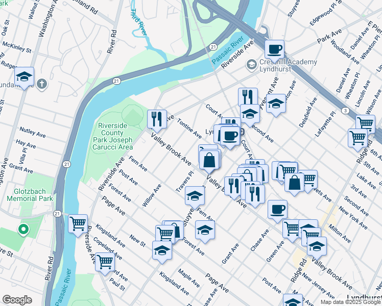 map of restaurants, bars, coffee shops, grocery stores, and more near 292 Willow Avenue in Lyndhurst