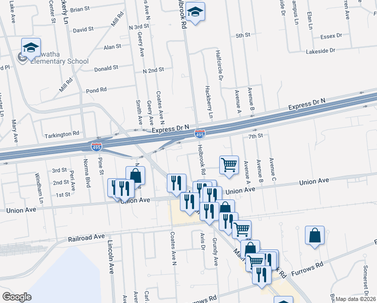 map of restaurants, bars, coffee shops, grocery stores, and more near 5 Horseshoe Drive in Holbrook