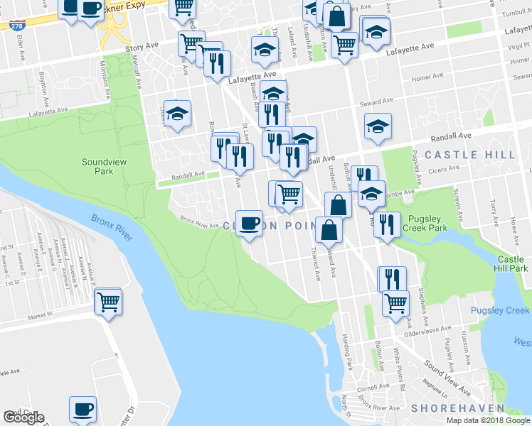 map of restaurants, bars, coffee shops, grocery stores, and more near 1785 Lacombe Avenue in Bronx