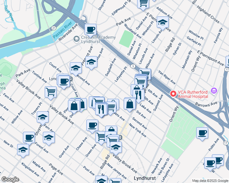 map of restaurants, bars, coffee shops, grocery stores, and more near 447 3rd Avenue in Lyndhurst