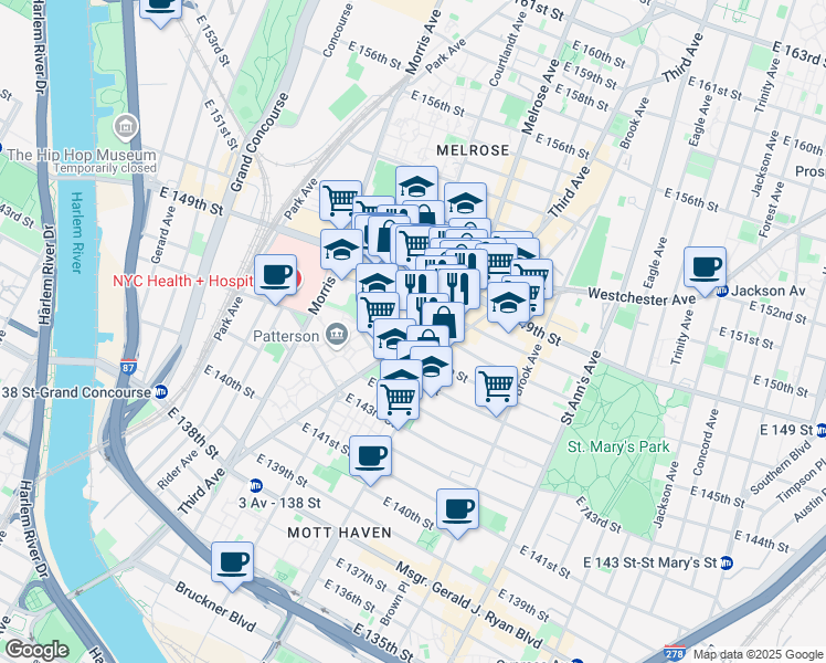 map of restaurants, bars, coffee shops, grocery stores, and more near 2779 3rd Avenue in The Bronx