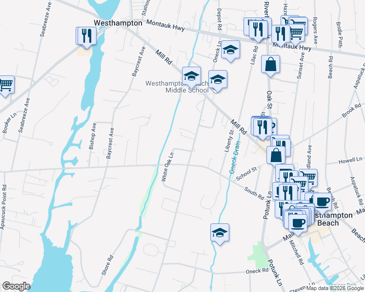 map of restaurants, bars, coffee shops, grocery stores, and more near 115 Oneck Lane in Westhampton Beach