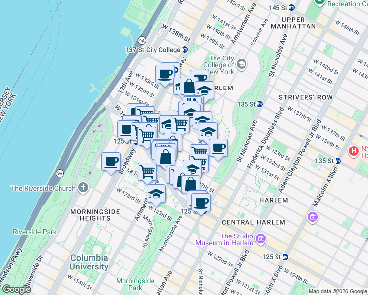 map of restaurants, bars, coffee shops, grocery stores, and more near 1386 Amsterdam Avenue in New York