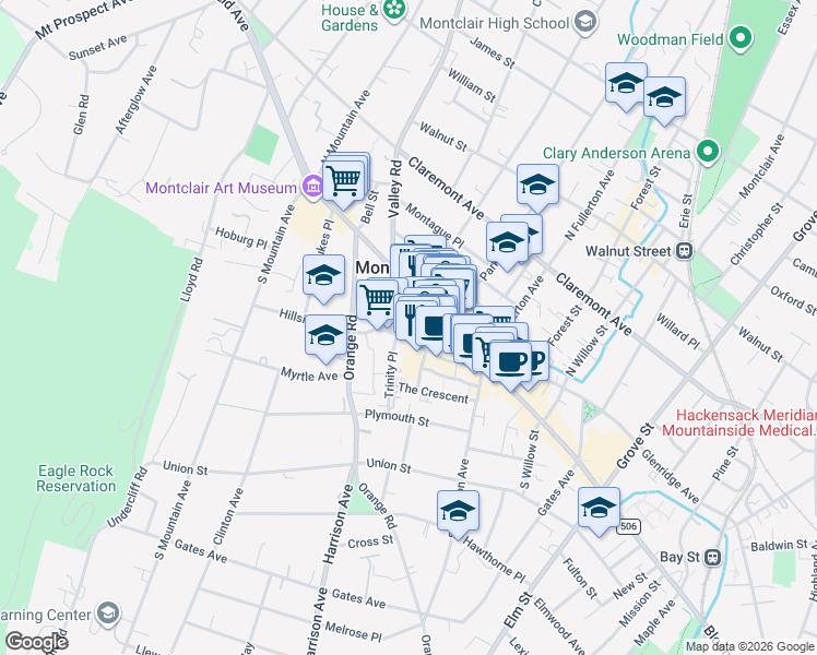 map of restaurants, bars, coffee shops, grocery stores, and more near 65 Church Street in Montclair
