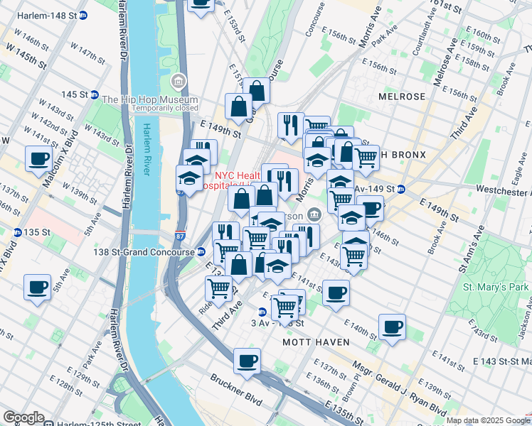 map of restaurants, bars, coffee shops, grocery stores, and more near 375 Rider Avenue in The Bronx
