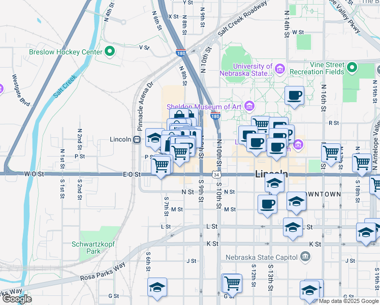 map of restaurants, bars, coffee shops, grocery stores, and more near 810 P Street in Lincoln