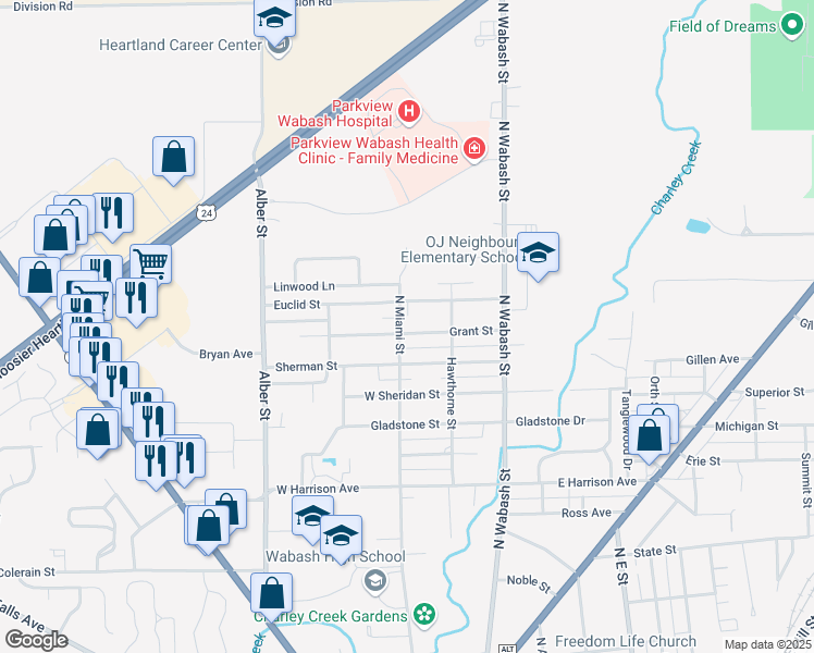 map of restaurants, bars, coffee shops, grocery stores, and more near 1627 North Miami Street in Wabash