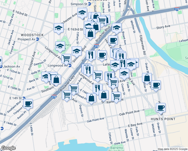 map of restaurants, bars, coffee shops, grocery stores, and more near 830 Barry Street in Bronx
