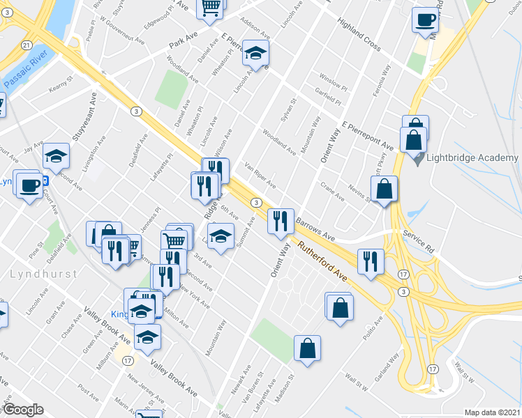 map of restaurants, bars, coffee shops, grocery stores, and more near 705 Rutherford Avenue in Rutherford