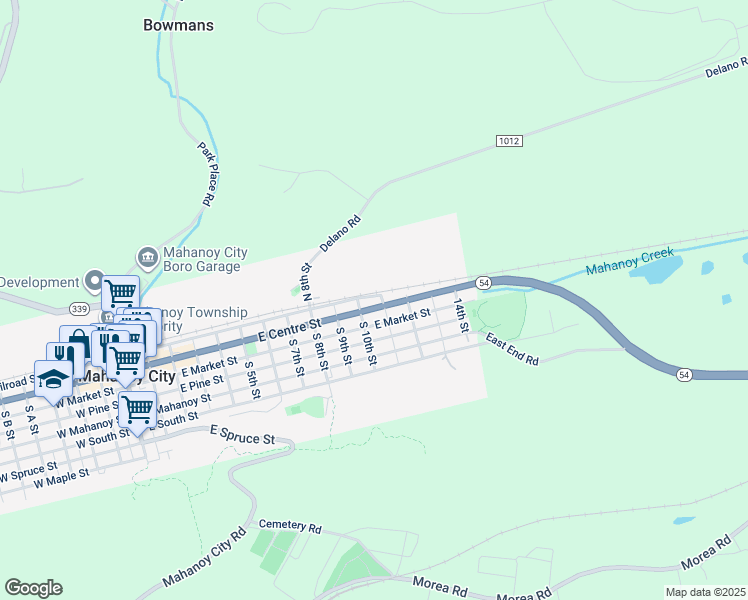 map of restaurants, bars, coffee shops, grocery stores, and more near 1025 E Centre St in Mahanoy City