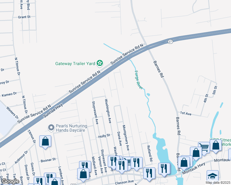 map of restaurants, bars, coffee shops, grocery stores, and more near 114 Montgomery Avenue in Mastic