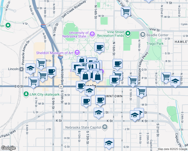 map of restaurants, bars, coffee shops, grocery stores, and more near 101 North 14th Street in Lincoln