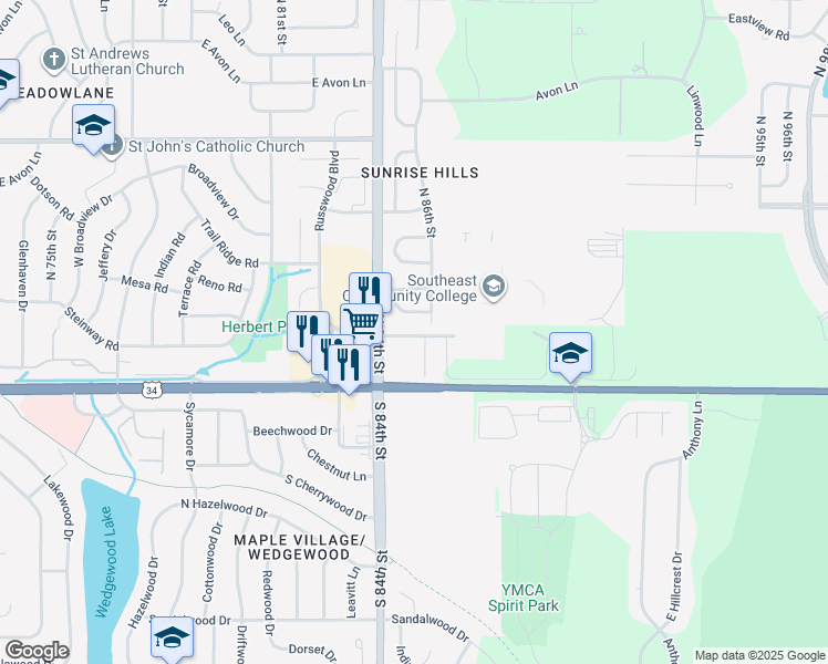 map of restaurants, bars, coffee shops, grocery stores, and more near 8500 College Park Road in Lincoln