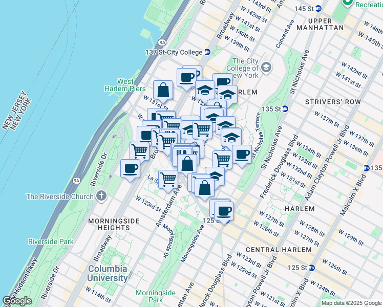 map of restaurants, bars, coffee shops, grocery stores, and more near 1386 Amsterdam Avenue in New York