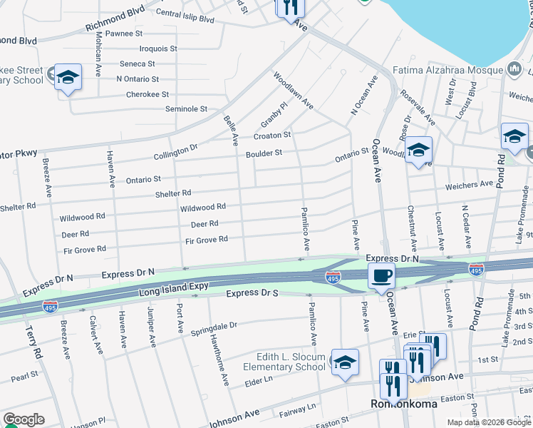 map of restaurants, bars, coffee shops, grocery stores, and more near 369 Deer Road in Ronkonkoma