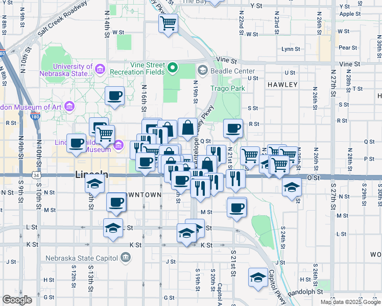 map of restaurants, bars, coffee shops, grocery stores, and more near 201 North 19th Street in Lincoln