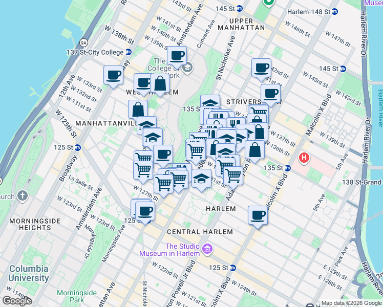 map of restaurants, bars, coffee shops, grocery stores, and more near 442 Saint Nicholas Avenue in New York
