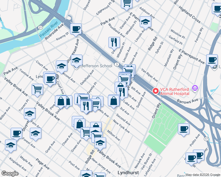 map of restaurants, bars, coffee shops, grocery stores, and more near 509 Lake Ave in Lyndhurst