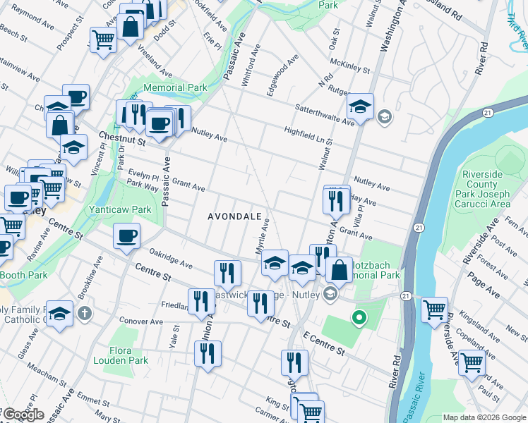map of restaurants, bars, coffee shops, grocery stores, and more near 127 Myrtle Avenue in Nutley
