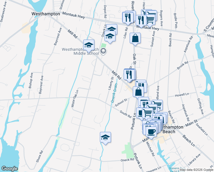 map of restaurants, bars, coffee shops, grocery stores, and more near 25 Liberty Street in Westhampton Beach
