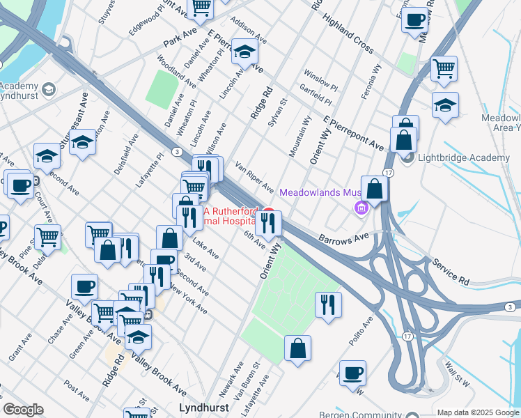 map of restaurants, bars, coffee shops, grocery stores, and more near New Jersey 3 in Rutherford