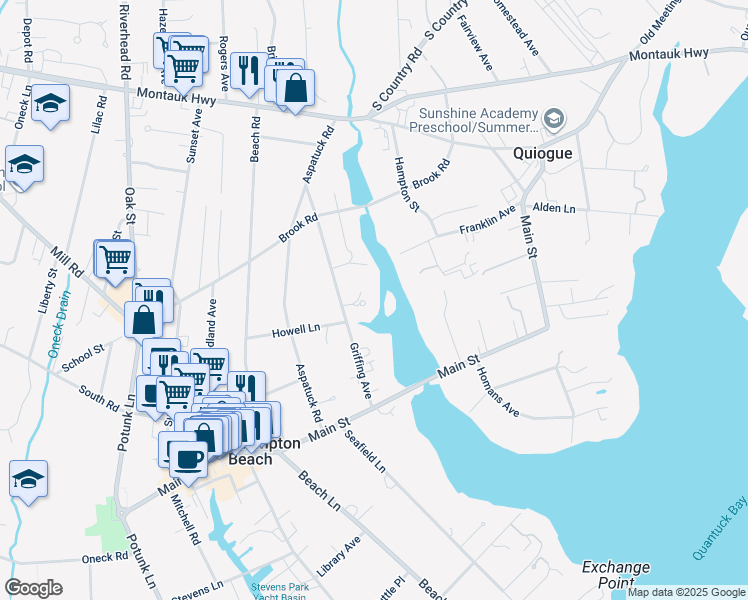 map of restaurants, bars, coffee shops, grocery stores, and more near 64 Griffing Avenue in Westhampton Beach