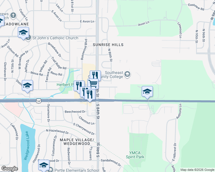 map of restaurants, bars, coffee shops, grocery stores, and more near 8514 College Park Road in Lincoln