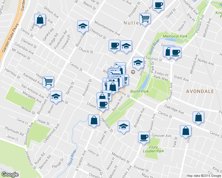 map of restaurants, bars, coffee shops, grocery stores, and more near 397 Centre Street in Nutley