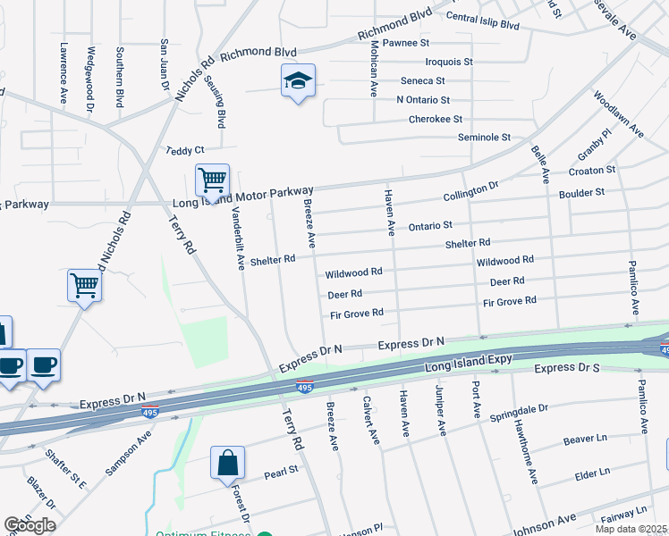 map of restaurants, bars, coffee shops, grocery stores, and more near 215 Wildwood Road in Ronkonkoma