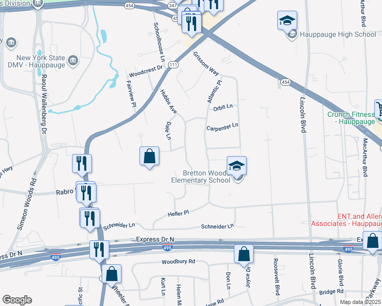 map of restaurants, bars, coffee shops, grocery stores, and more near 120 Atlantic Place in Hauppauge