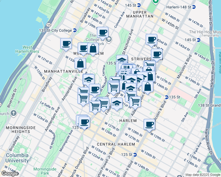 map of restaurants, bars, coffee shops, grocery stores, and more near 469 Saint Nicholas Avenue in New York