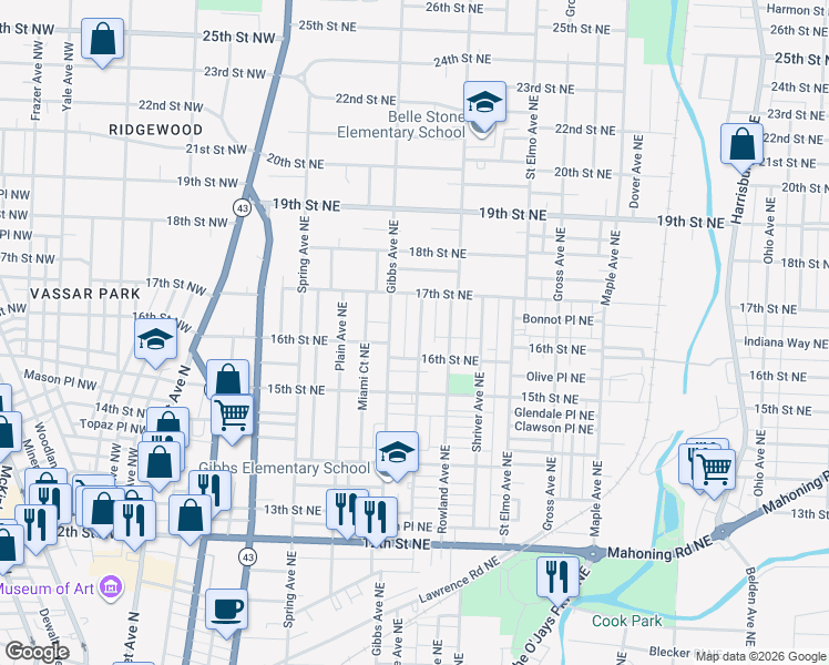 map of restaurants, bars, coffee shops, grocery stores, and more near 1627 Struble Avenue Northeast in Canton
