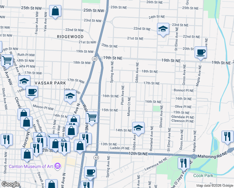 map of restaurants, bars, coffee shops, grocery stores, and more near 801 16th Street Northeast in Canton