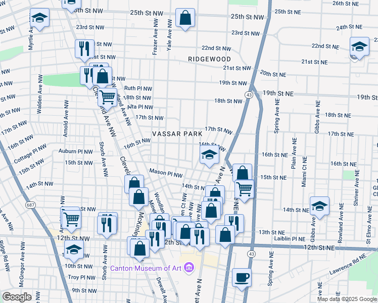 map of restaurants, bars, coffee shops, grocery stores, and more near 1539 Harvard Avenue Northwest in Canton