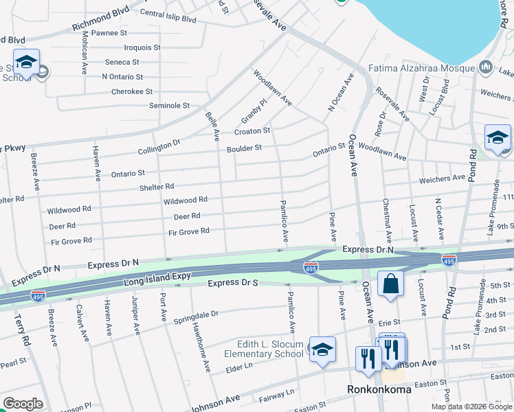 map of restaurants, bars, coffee shops, grocery stores, and more near 369 Deer Road in Ronkonkoma