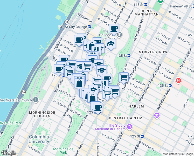 map of restaurants, bars, coffee shops, grocery stores, and more near 71 Convent Avenue in New York