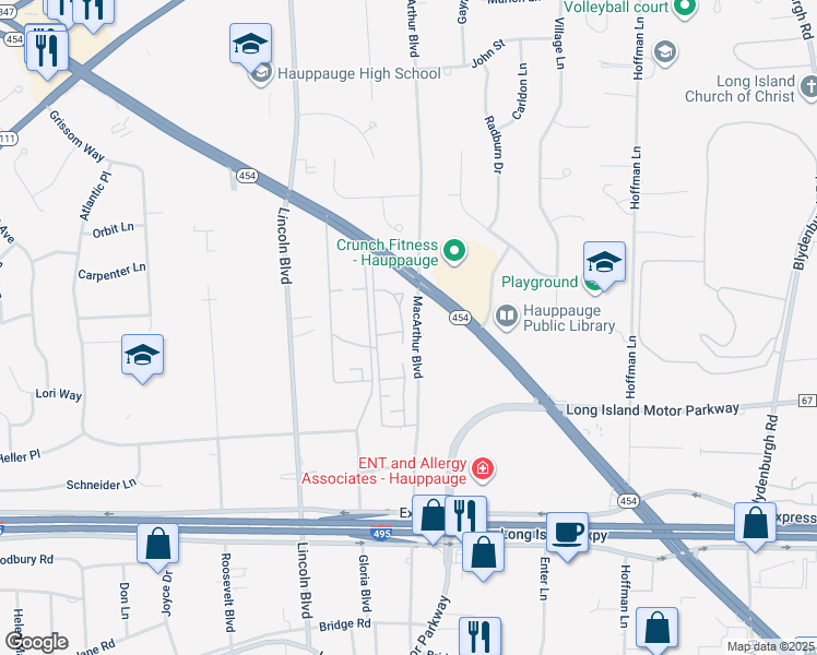 map of restaurants, bars, coffee shops, grocery stores, and more near 911 Devonshire Road in Hauppauge