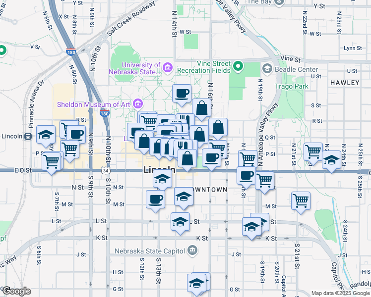map of restaurants, bars, coffee shops, grocery stores, and more near 1420 P Street in Lincoln