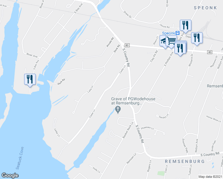map of restaurants, bars, coffee shops, grocery stores, and more near 12 Cedar Lane in Remsenburg-Speonk