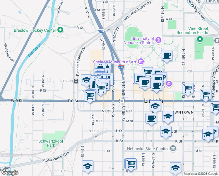 map of restaurants, bars, coffee shops, grocery stores, and more near 810 P Street in Lincoln