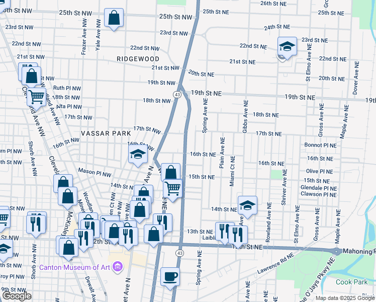map of restaurants, bars, coffee shops, grocery stores, and more near 1602 Cherry Avenue Northeast in Canton