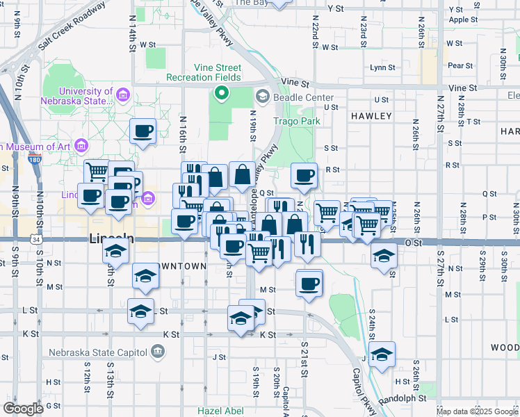map of restaurants, bars, coffee shops, grocery stores, and more near 200 North Antelope Valley Parkway in Lincoln