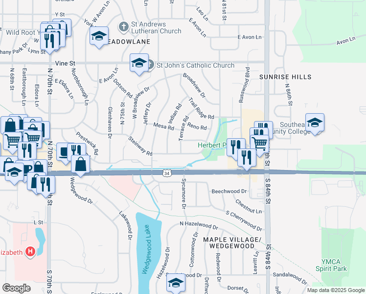 map of restaurants, bars, coffee shops, grocery stores, and more near 226 Terrace Road in Lincoln