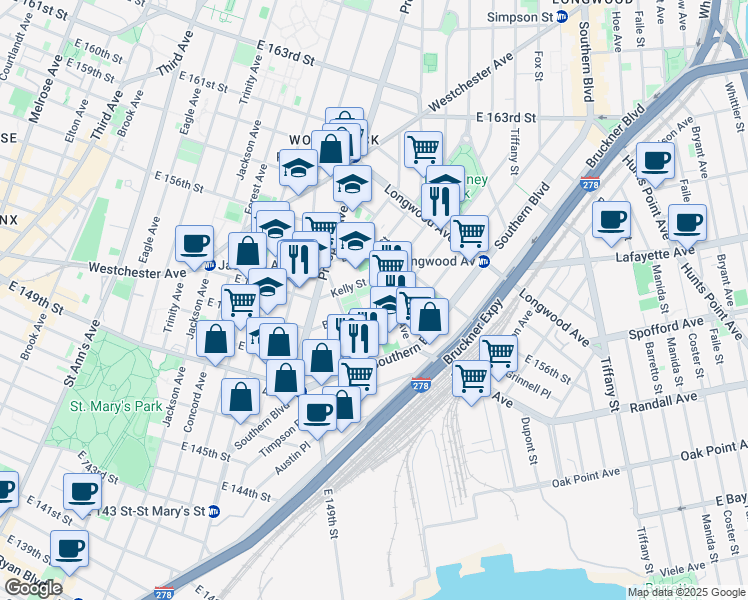 map of restaurants, bars, coffee shops, grocery stores, and more near in The Bronx