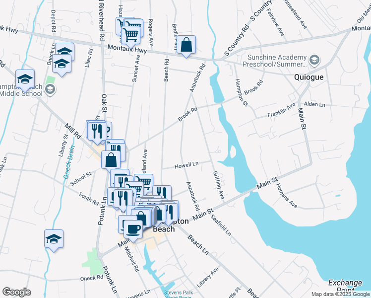 map of restaurants, bars, coffee shops, grocery stores, and more near 64 Aspatuck Road in Westhampton Beach