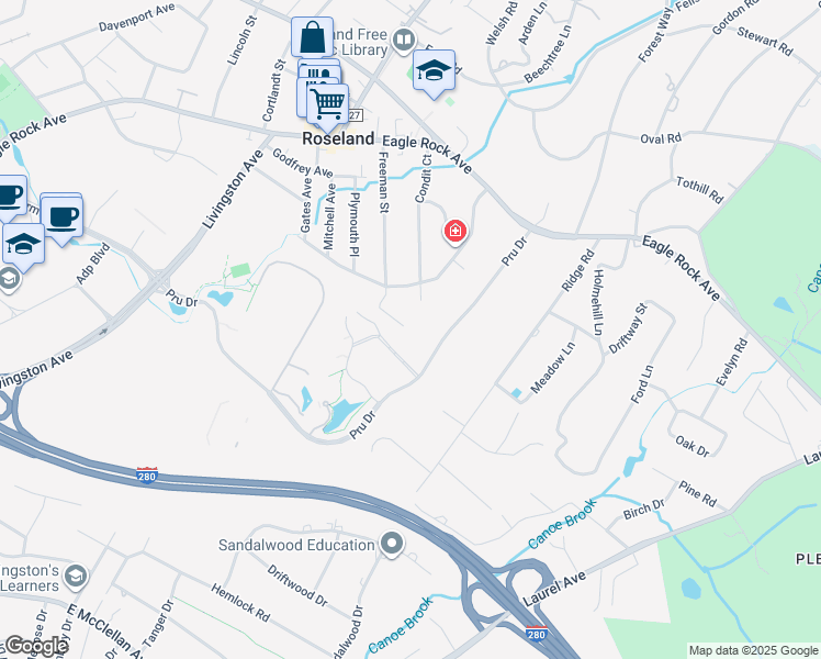 map of restaurants, bars, coffee shops, grocery stores, and more near 72 Freeman Street in Roseland