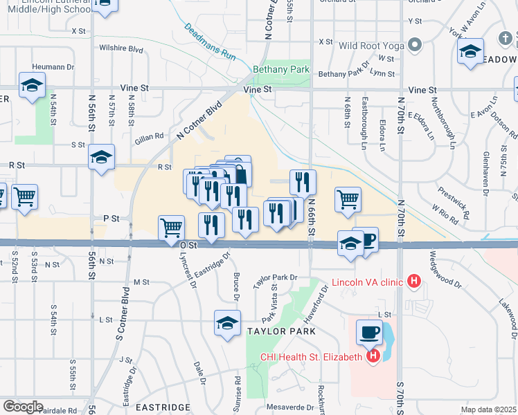 map of restaurants, bars, coffee shops, grocery stores, and more near 6400 O Street in Lincoln