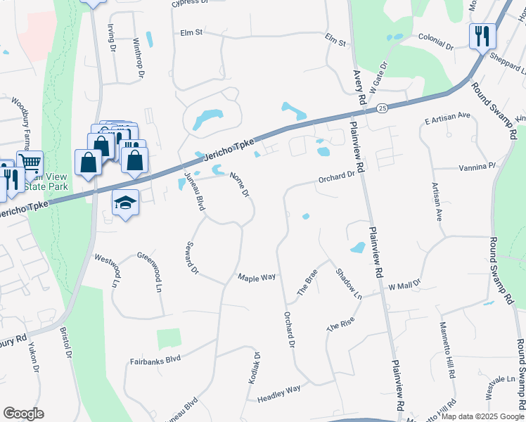 map of restaurants, bars, coffee shops, grocery stores, and more near 5 Nome Drive in Woodbury
