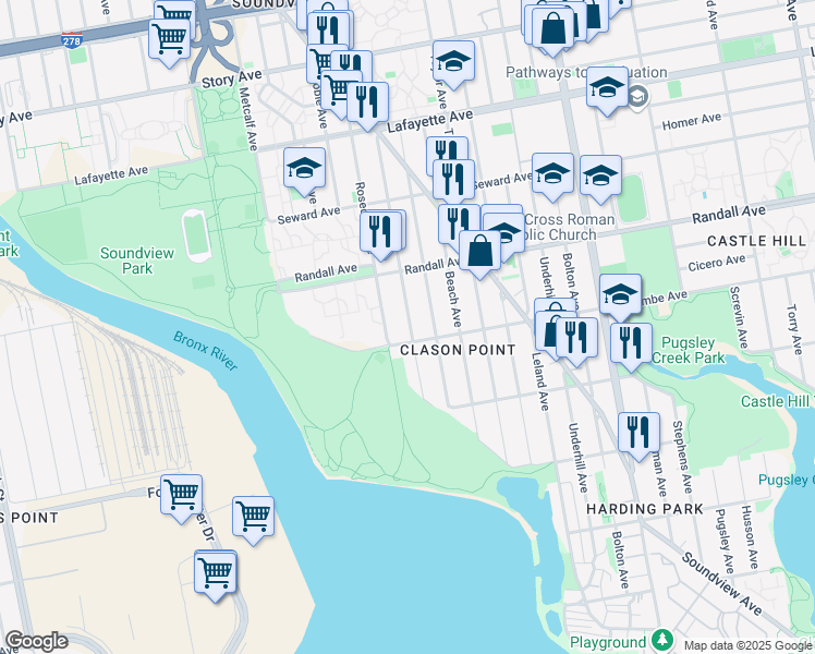 map of restaurants, bars, coffee shops, grocery stores, and more near 513 Commonwealth Avenue in The Bronx