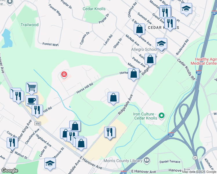 map of restaurants, bars, coffee shops, grocery stores, and more near 227 Vista Drive in Hanover
